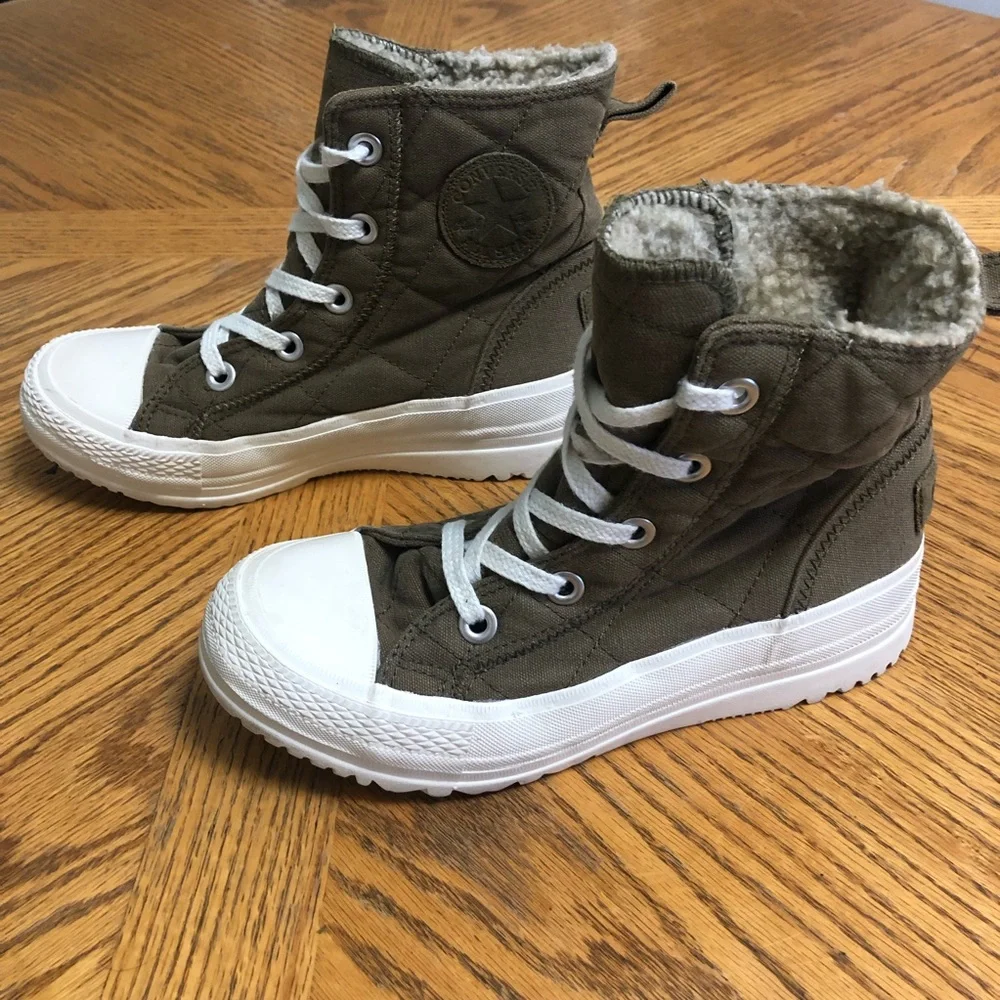 Women’s Platform Hightop Converse Army Green Size 8 - Picture 3 of 9